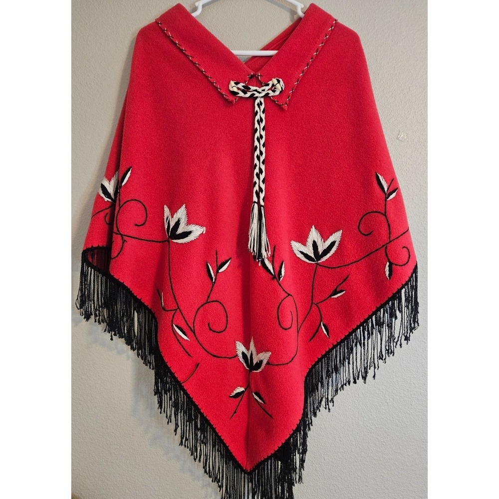 Vintage Handmade Women LARGE Wool Poncho Embroidered Red Floral Fringe Bohemian